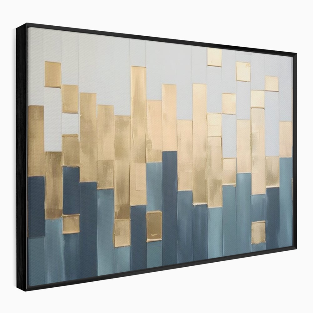 Tablou canvas cu tablou abstract cu benzi verticale aurii si albastre, in rama de aluminiu negru